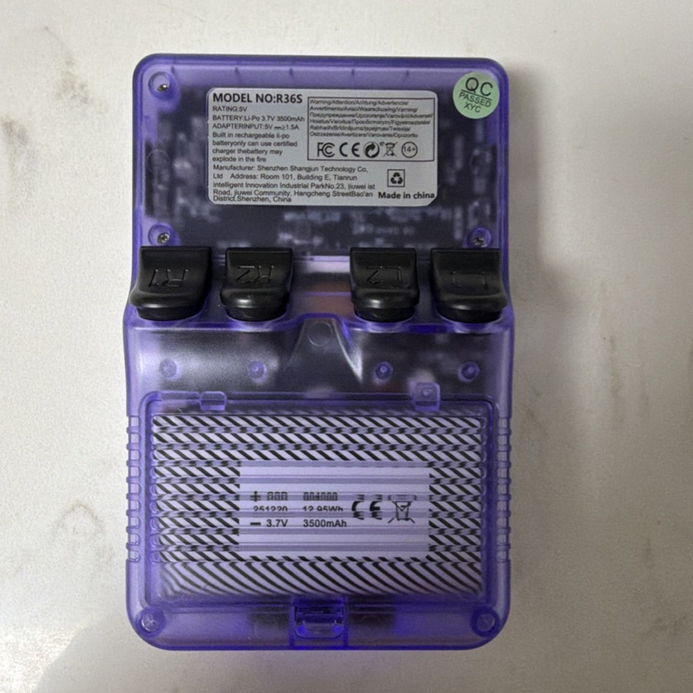 R36S Open Source Handheld Game Console Purple Transparent USB-C