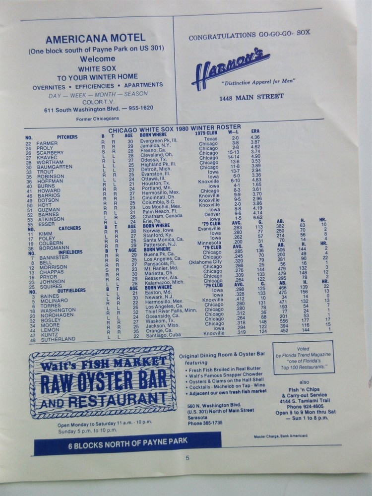 1980 Chicago White Sox vs New York Yankees Spring Training Program w/Roster
