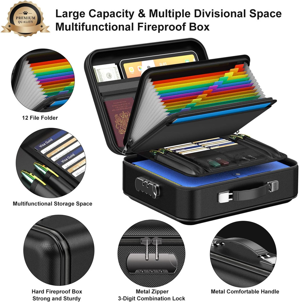 Fireproof Document Box, Hard Case Fireproof File Organizer with Lock Hard-Shell