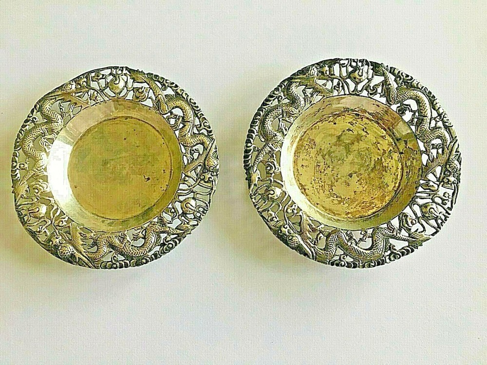 👍 1900s CHINA CHINESE SOLID SILVER DRAGON DISHES PLATES WITH HALLMARK 纯银