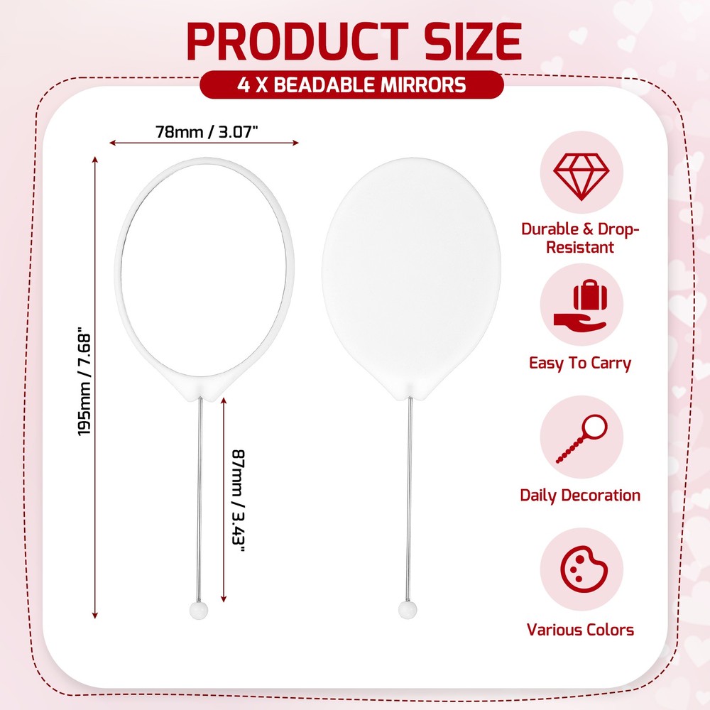 4 Pcs Beadable Mirrors with Handle 7.7" Oval Shape Bead Mirror Bars White