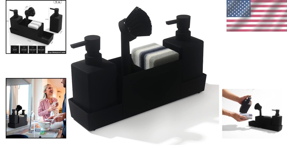 Rust-Proof Kitchen Soap Dispenser with Sponge Holder - Modern Matte Black Look