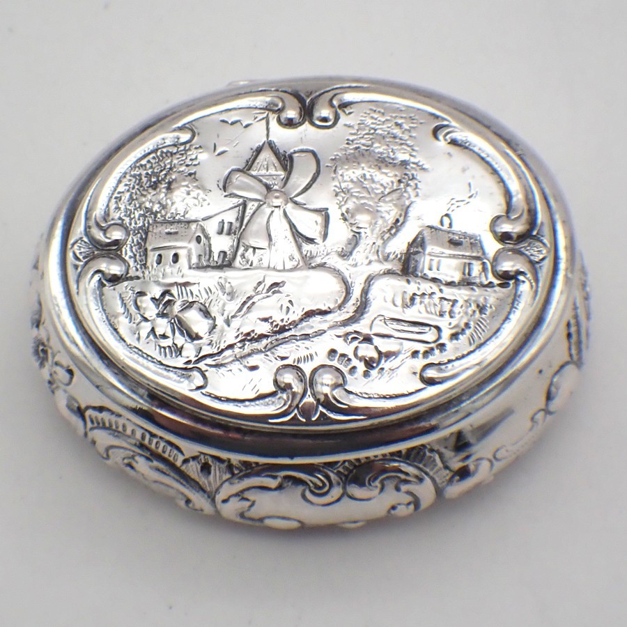 Ornate Scenic Pill Box Hanau German Silver