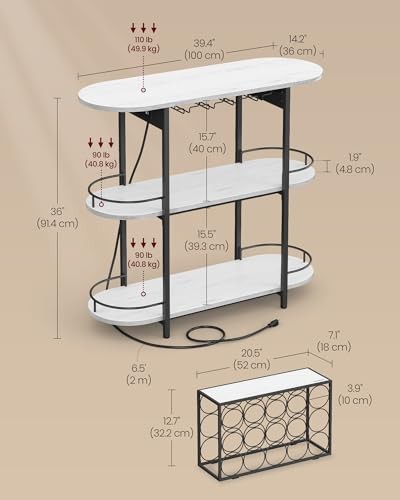 Bar Cabinet with LED Lights and Power Outlets, Rustic White Rustic