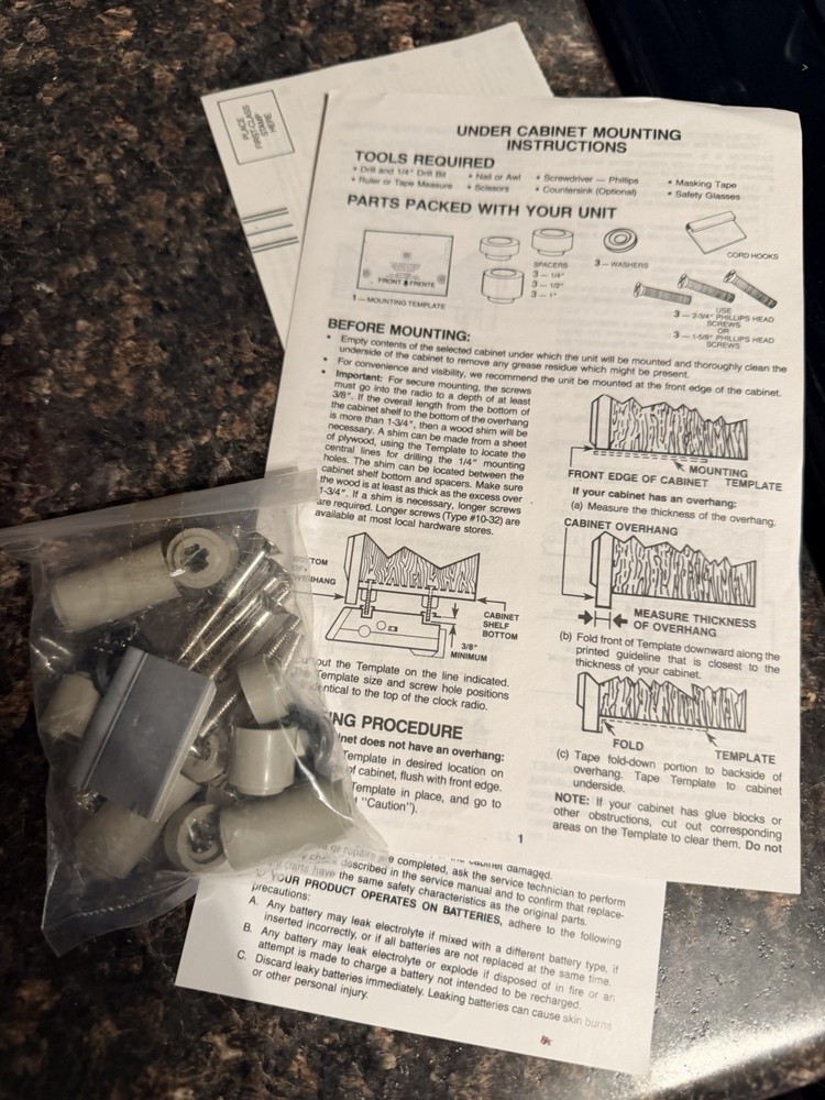 GE Spacemaker 7-4230 Mounting Hardware And Instructions Only