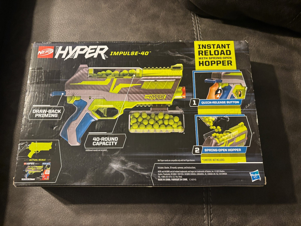Nerf Hyper Impulse-40 Blaster, 30 Nerf Hyper Rounds, Spring-Open Hopper NEW