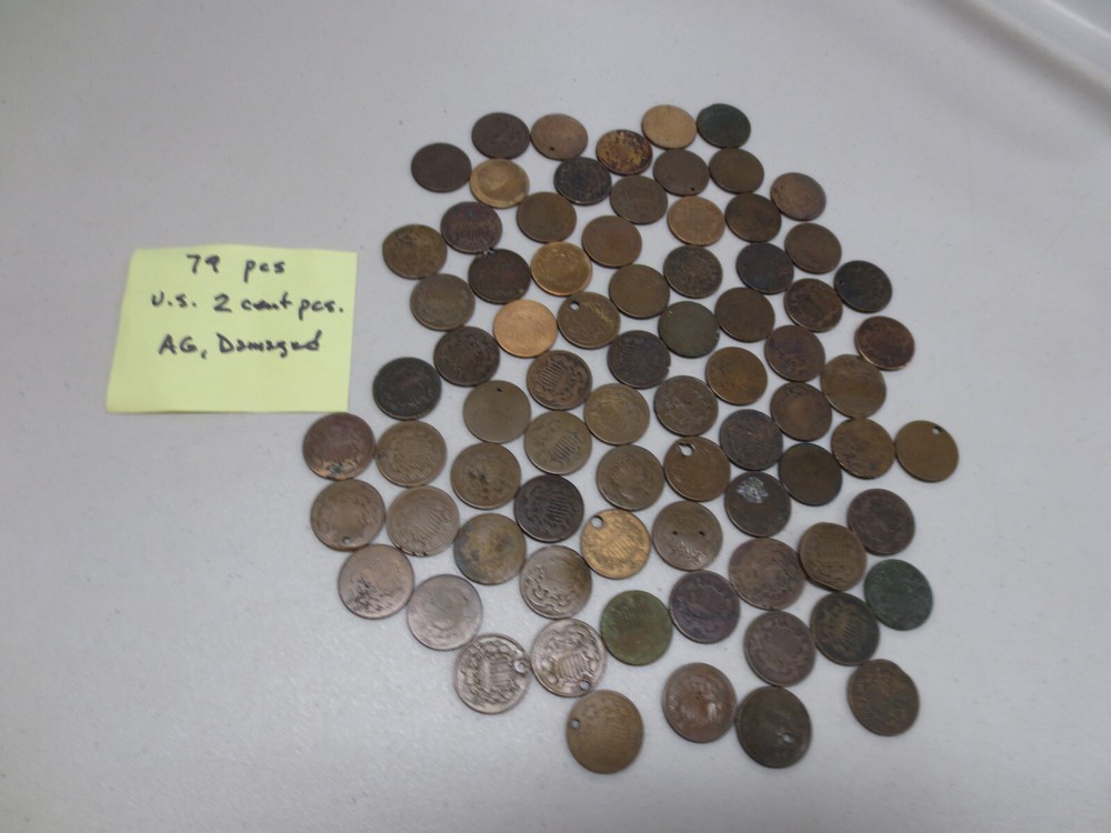 (79) Assorted Dates Two Cent Pieces (AG / Damaged)