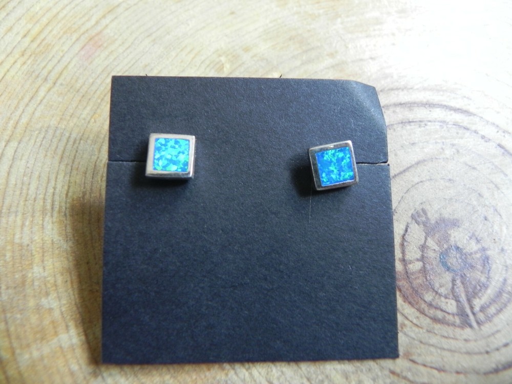 Blue Fire Opal & Sterling Silver .925 SQUARE Shape Stud Earrings
