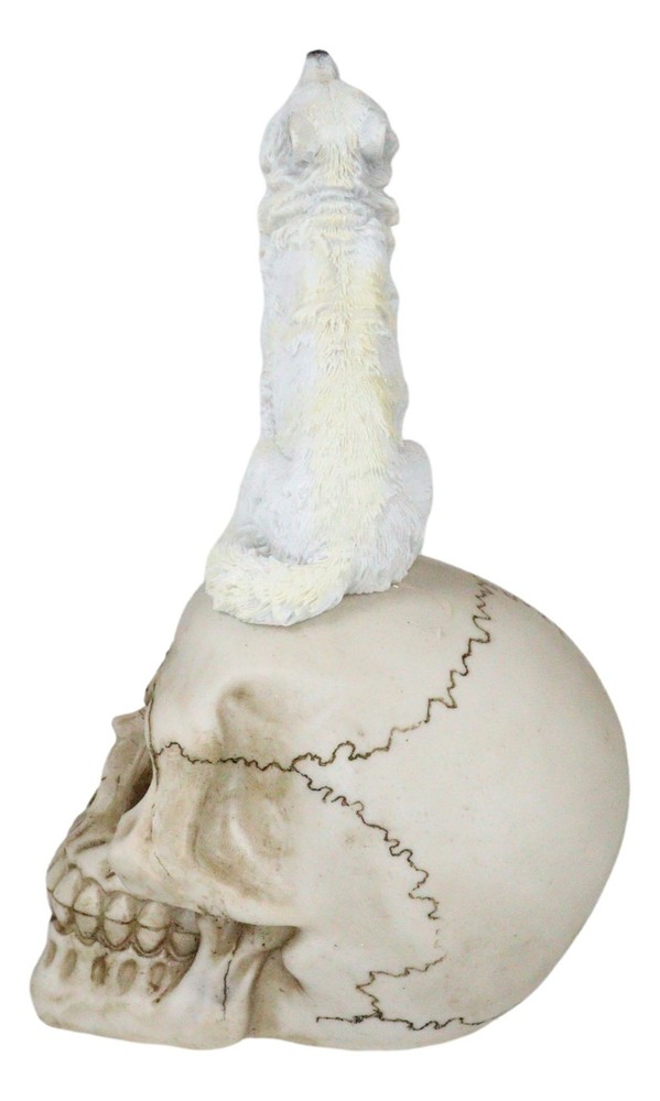 Gothic Full Moon Howling White Wolf Sitting On Graveyard Macabre Skull Figurine