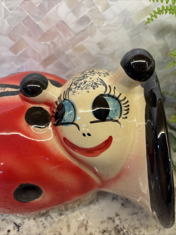 vintage kitschy ceramic handpainted ladybug planter anthropomorphic Plants