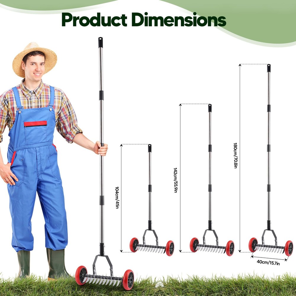 Lawn Thatch Rake with Wheels, Dethatching Roller Rake for Lawn Care, Sturdy S...
