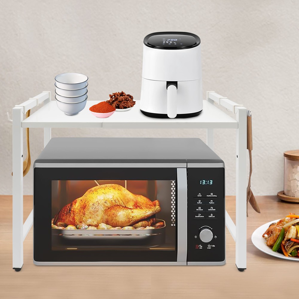 Extendable Microwave Oven Rack, 2-Tiers Adjustable Microwave Stand White Shelf