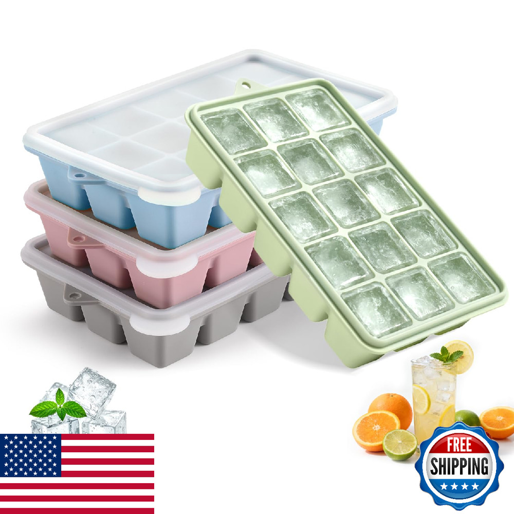 Silicone Ice Cube Trays with Lids - Set of 4, Easy Release, Stackable, Reusable