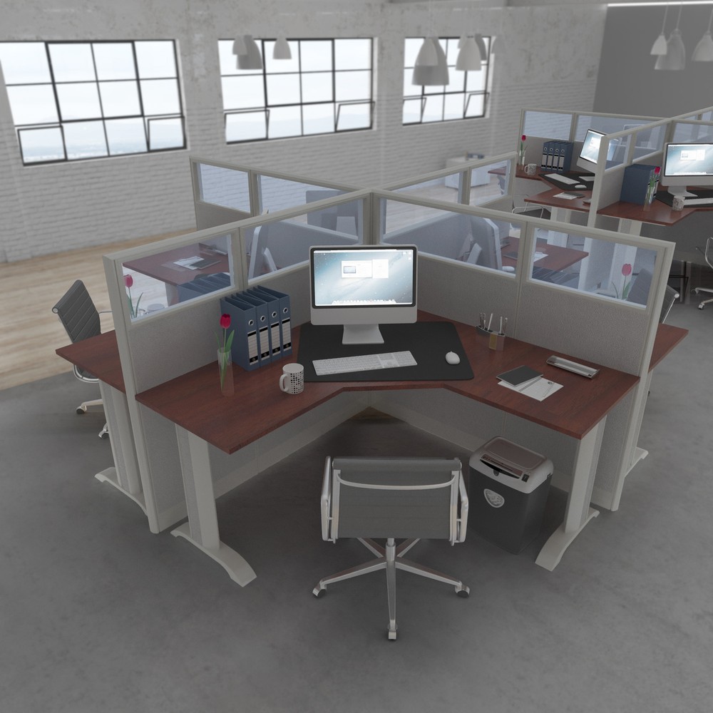 6x6 Cubicles-54″H- 4 MAN (QUAD) L Shape Glazed Office Workstations-E