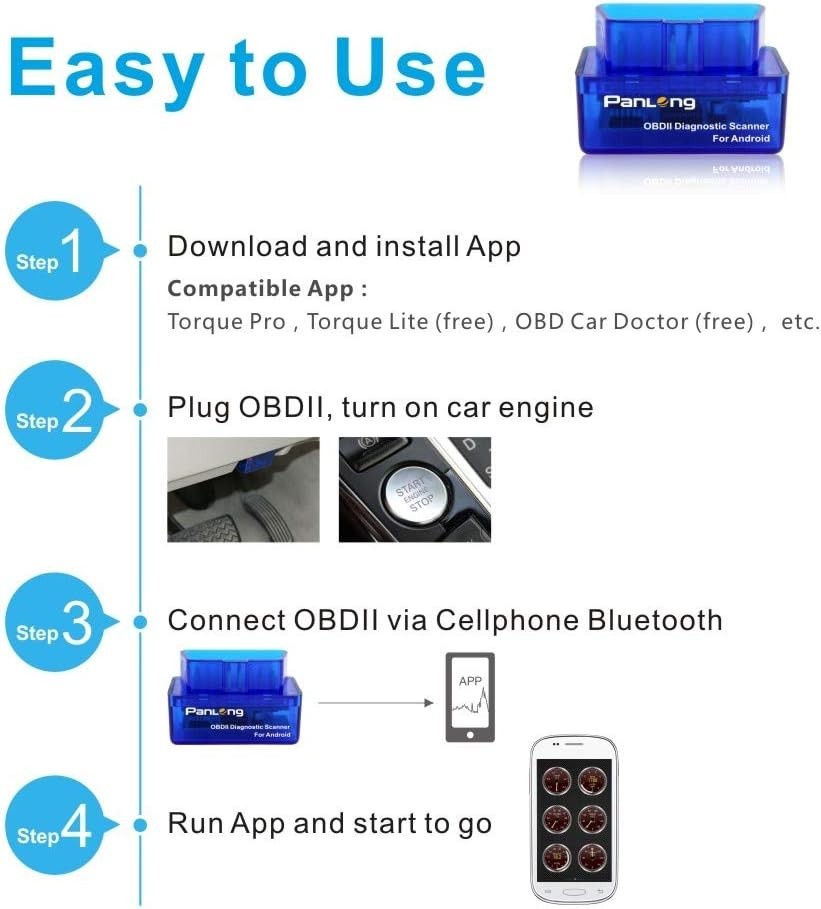 Panlong Bluetooth OBDII Car Code Reader for Android, Turn Off Check Engine Li...