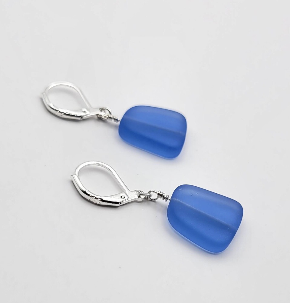 Sky Blue Seaglass Drop Earrings, Handmade. Sterling Silver.