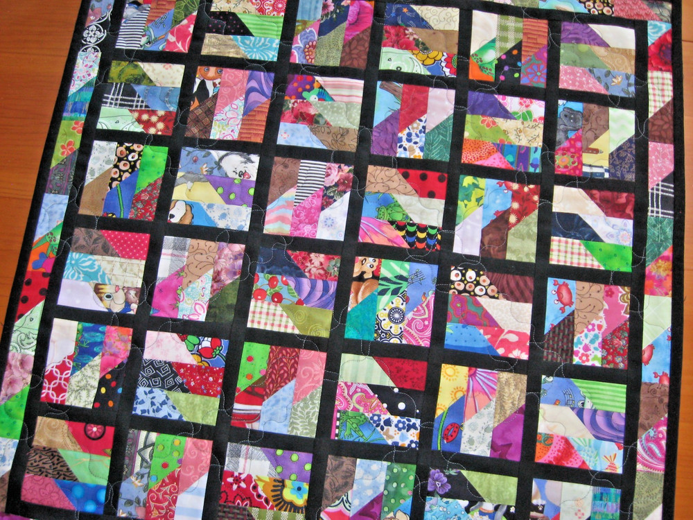 Quilted Table Topper, Scrappy Rectangles, Black Sashing