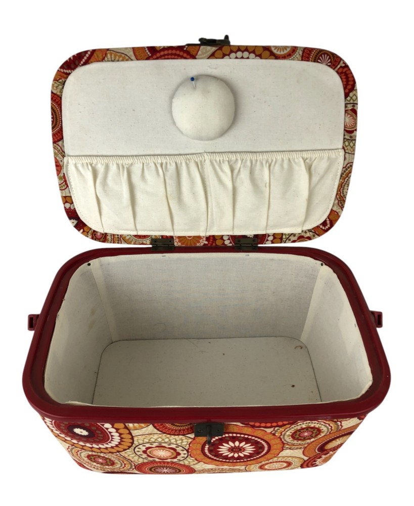 Dritz St Jane Sewing Basket Medium Rectangle Red Orange Circles Fabric Covered