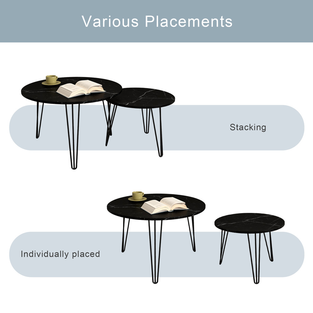 Round Nesting Coffee Table Set of 2, End Table Set, Imitation Marble Grain
