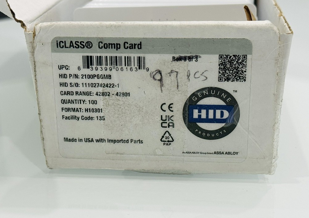 HID 2100PGGMB ICLASS COMP CARD FORMAT: H10301 CODE 135 - 97 PCS