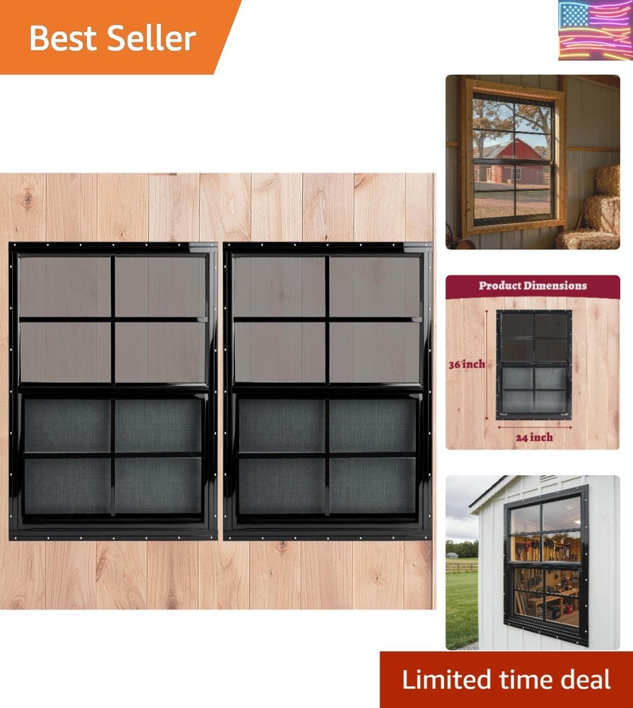 24" x 36" Black Shed Windows 2 Pack,Small Windows with Tempered Glass - Flush...