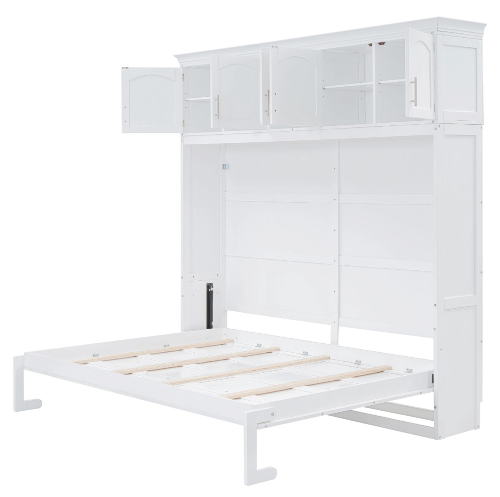 Modern Bed Frame Full Size Murphy Bed Wall Bed with Top Cabinets Bedroom White