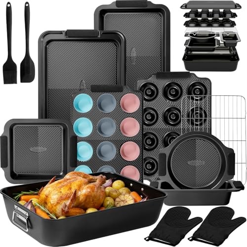 25 PCS Stackable Baking Pans Set, Non-stick Bakeware Sets with Silicone Black