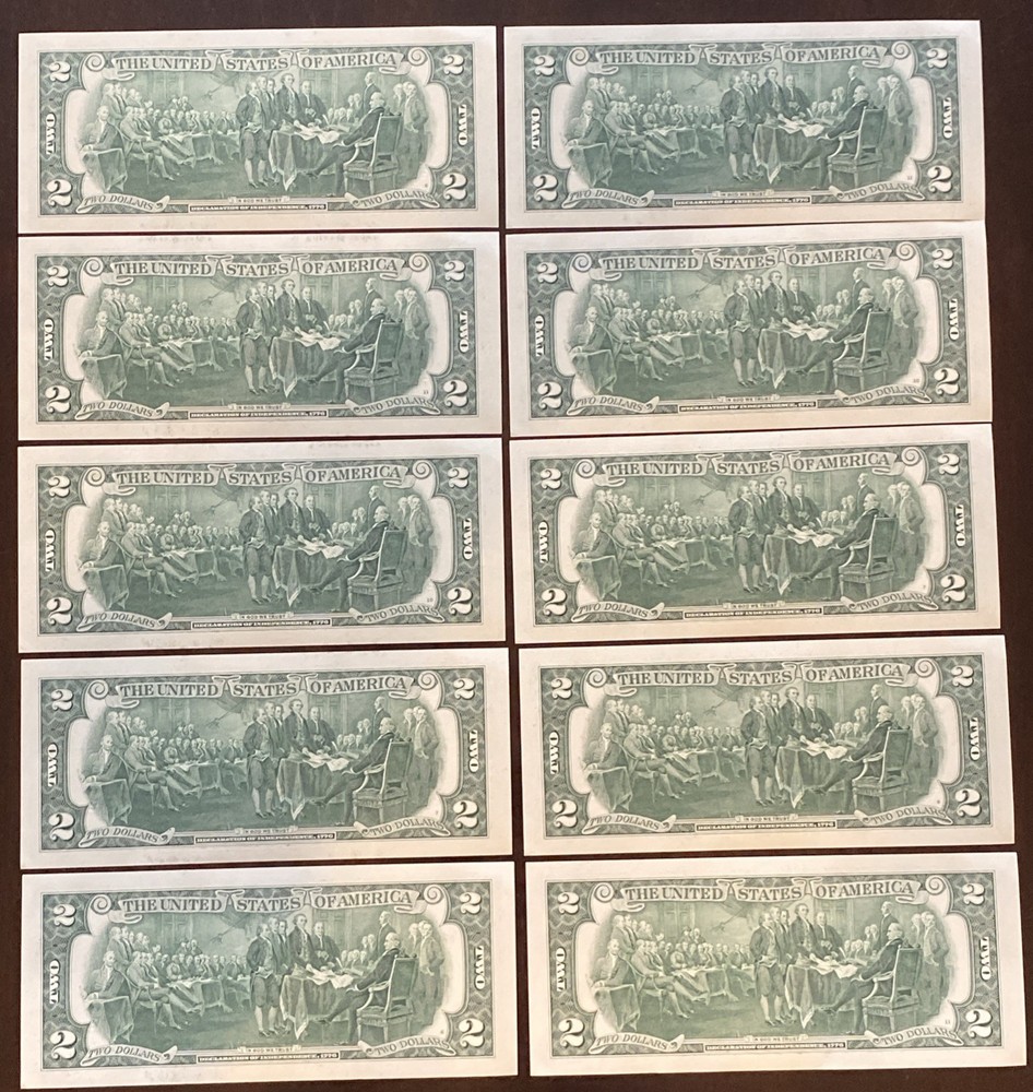 US 2017-A-$2 BILLS-UNCIRCULATED -(10) CONSECUTIVE SERIAL #’s- US BANK NOTES