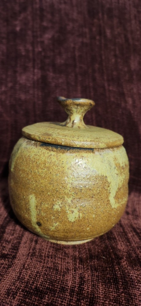 Signed Pottery Lidded Jar Speckled Stoneware Else Moyer