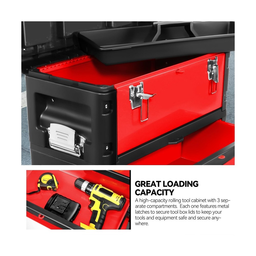 Auto Dynasty Stackable Tool Box 3-Tier Tool Separate Organizer Rolling Tool C...
