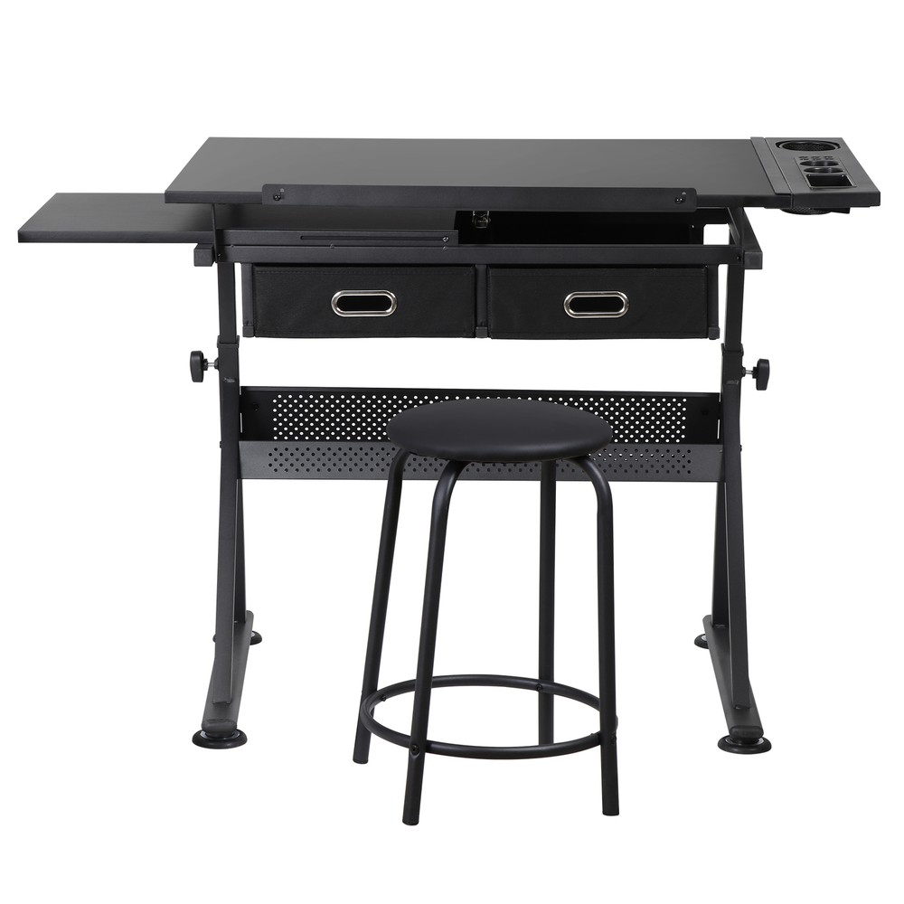 Drafting Table Drawing Desk Workstation Adjustable Tabletop w/Stool & 2 Drawers
