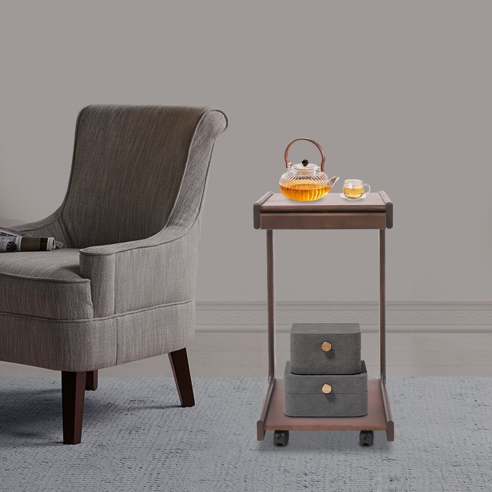 2-tierd Solid Wood Bedside C-shaped Side Table W/ Drawer & Lockable Wheels