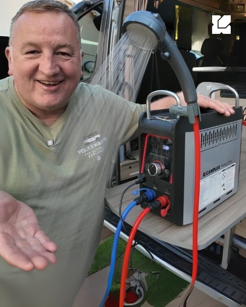 Camplux 1lb Propane Tankless Water Heater On Ground Portable Shower for Outdoor