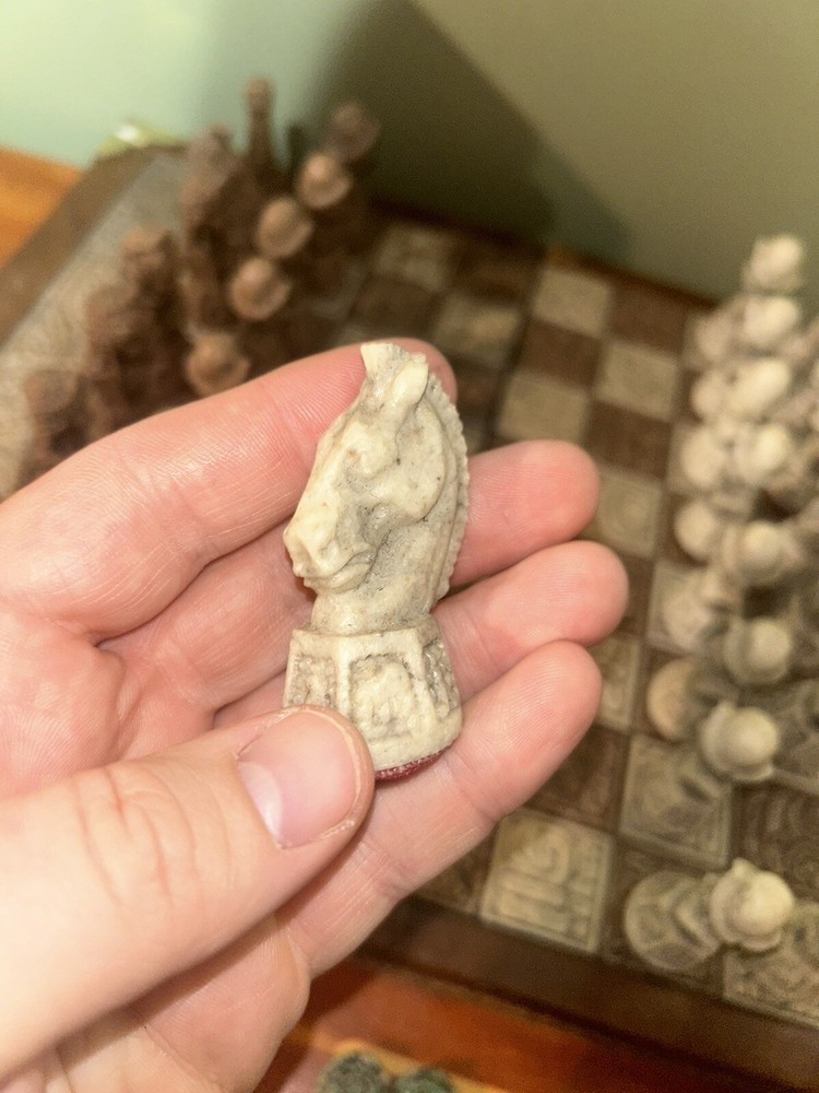 Vintage Unique Aztec Spanish Folding Chess Board Set Mexico Complete