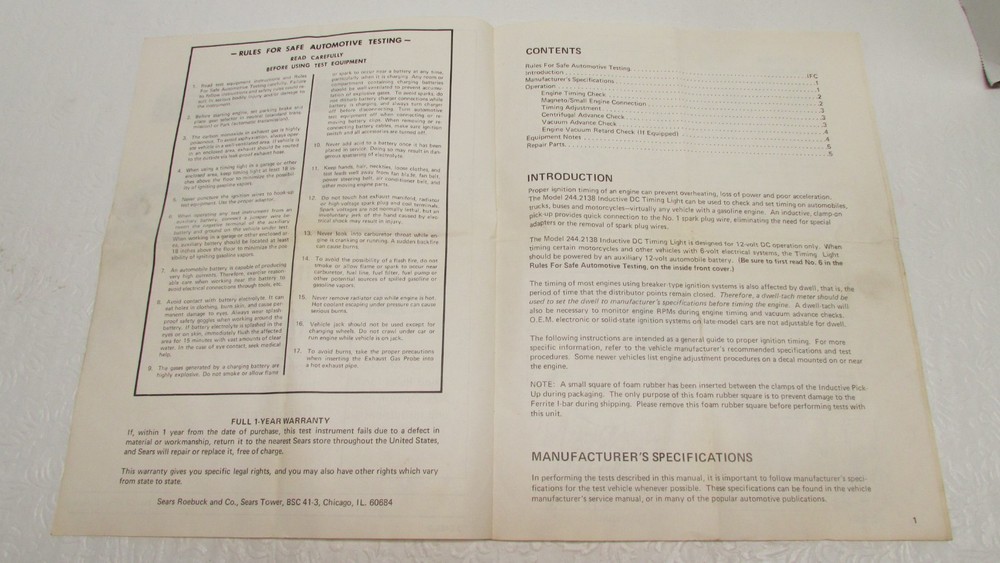 Sears Inductive DC Timing Light Model 244.213801 - INSTRUCTIONS ONLY
