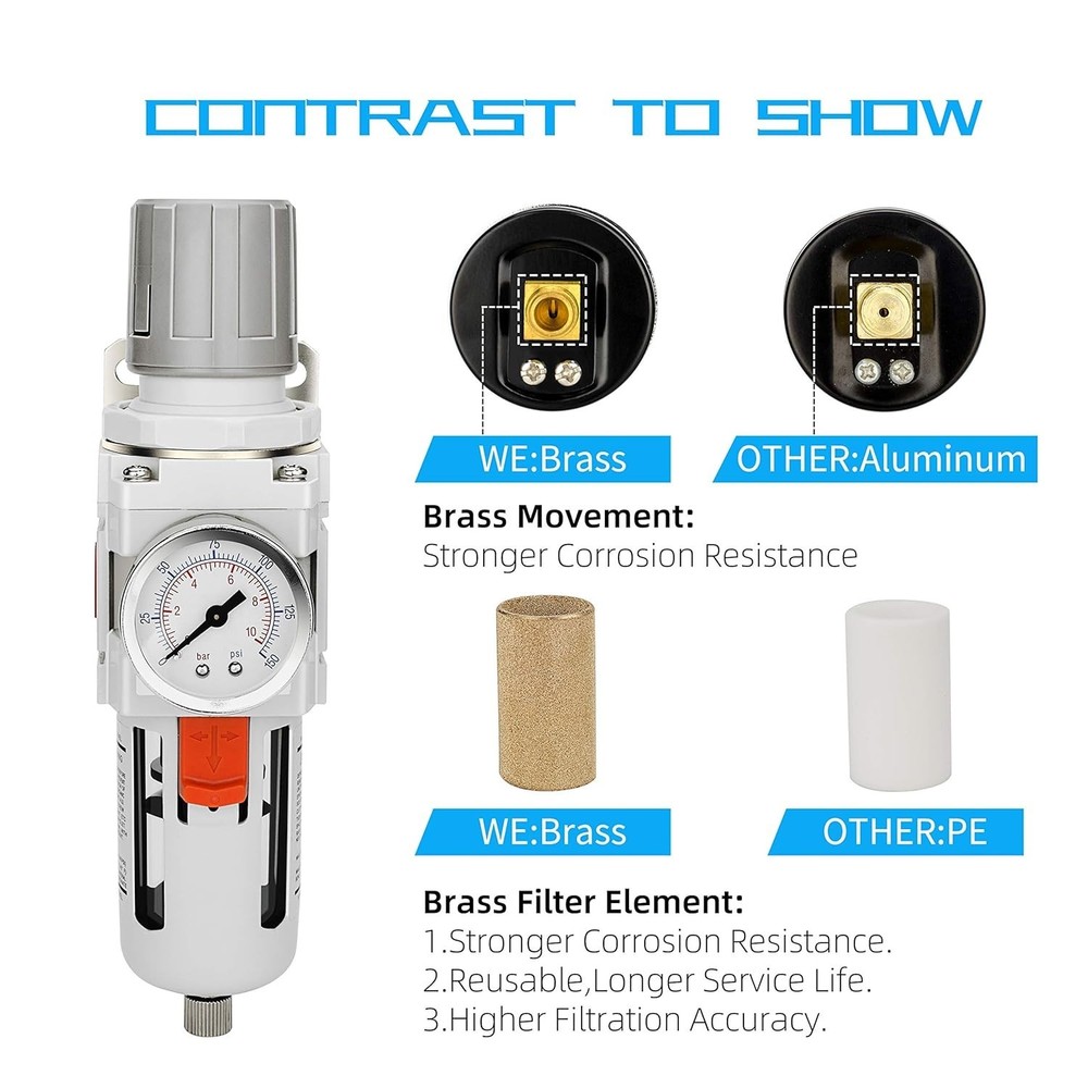 3/8" NPT Compressed Air Filter Regulator with 5 Micron Brass Element