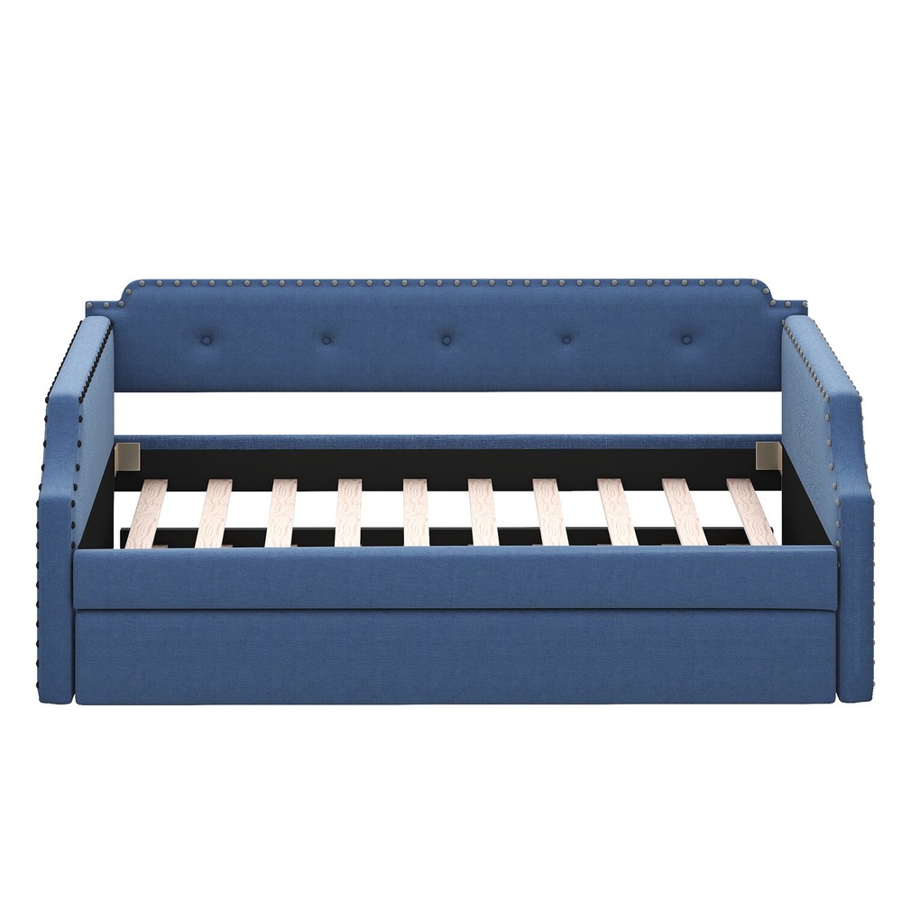 Twin Size Daybed w/ Pull-Out Trundle Bed Upholstered Bed Frame Sofa Bed Blue