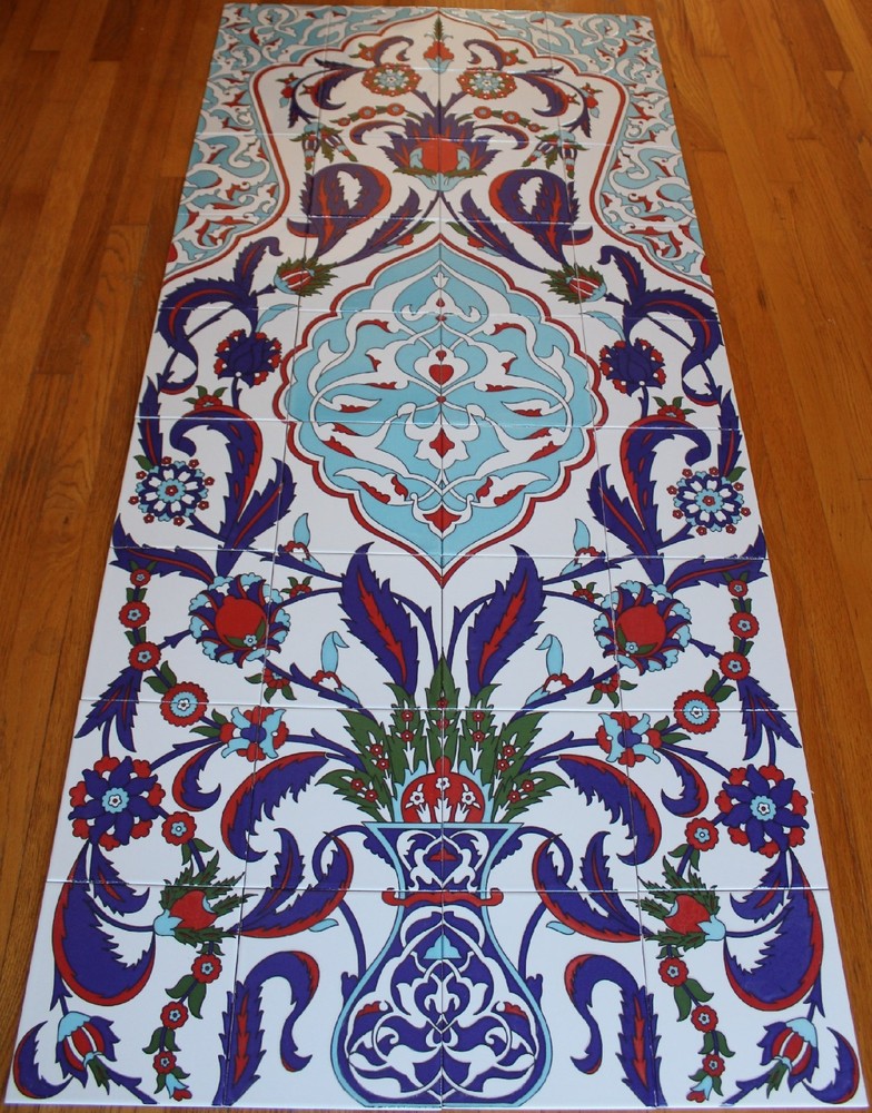 Turkish 32"x71" Iznik Floral Pattern Handpainted Ceramic Tile PANEL Mural