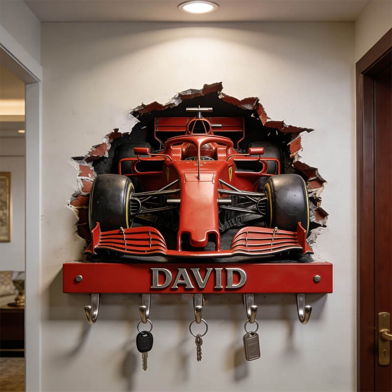 Formula Racing Key Holder 2D with 3D Effect, Custom Name Hook Rack