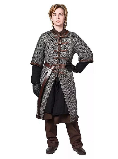 Hauberk front open 9 MM ID MS Flat Riveted half Sleeve armor chainmail shirt