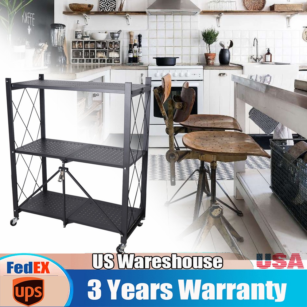 Storage 3 Tier Wide Folding Metal Shelf ,Rolling Trolley Utility Cart Black
