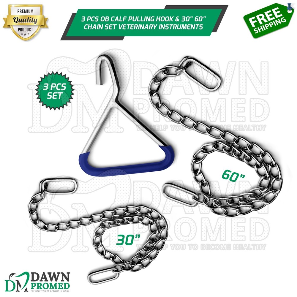 3 Pcs OB Calf Puller Hook & 30" 60" Chain Set Veterinary Instruments