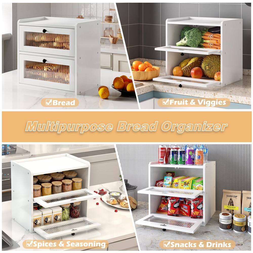 Alpeir Double Layer Large Bread Box for Kitchen Counter, Wooden Large, White