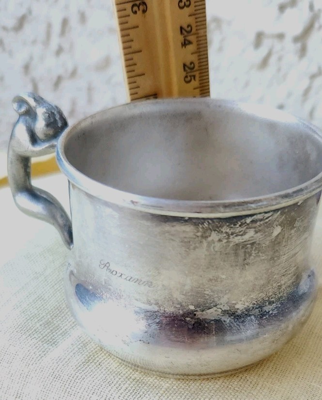 SILVER ON COPPER CHILDS DRINKING CUP W/3 D RABBIT HANDLE MARKS NAME ROXANN