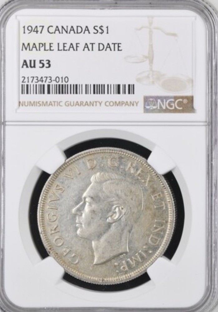 1947 , Silver Dollar Maple Leaf,  NGC AU53.