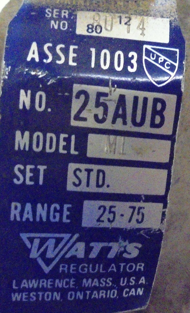 WATTS PRESSURE REDUCING VALVE, 25AUB, MI, SET STD, RANGE 25-75