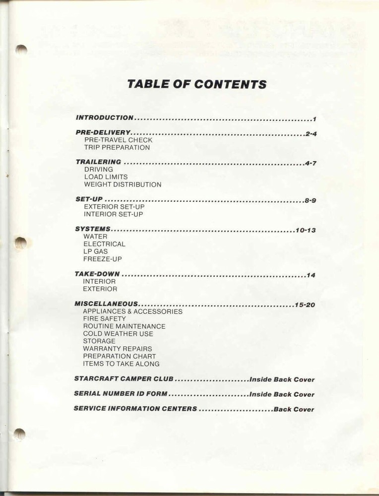 Starcraft 1984 Camper Owners Manual User Guide Instructions