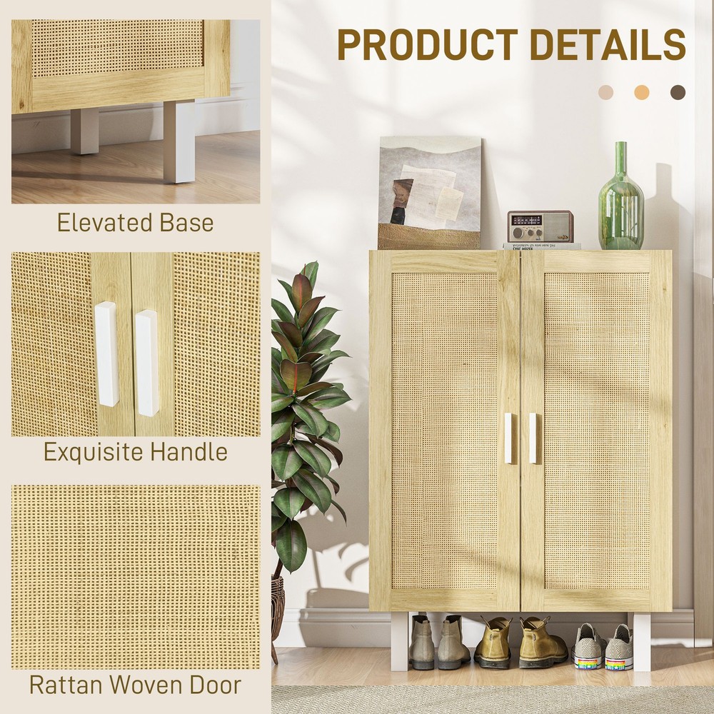 Kitchen Sideboard with 2 Rattan Doors & Adjustable Shelves, White