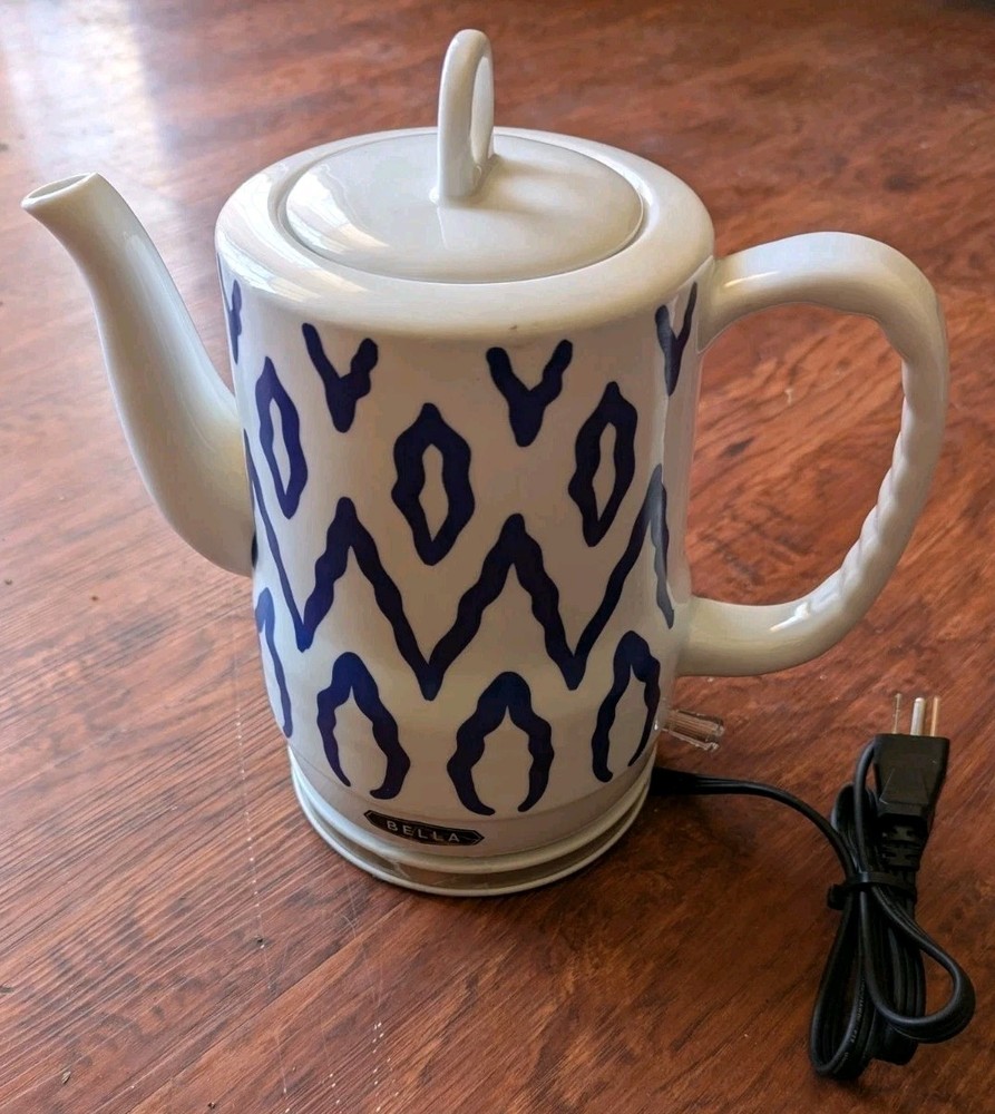BELLA 1.2L Electric Ceramic Tea Kettle - Blue & White Ikat Geometric Pattern