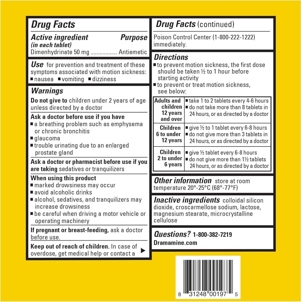 Dramamine Tablets Original Formula, 12 Tablets